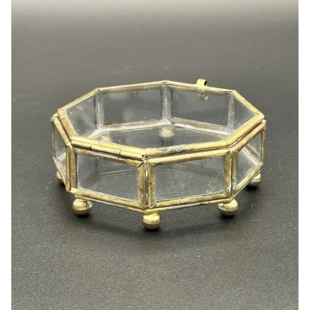 Vintage Brass & Glass Octagon Trinket Box Casket Jewelry Box Hinged Lid 3.5